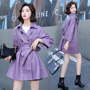 紫色皮衣外套女坠感减龄，个性韩版小个子，中长款抗风机车风衣皮夹克