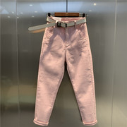 韩版2024年春季粉红色减龄小脚高腰九分弹力，哈伦裤宽松萝卜裤
