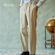 Clarance Wong高腰系带单褶卡其色抽绳西装裤男直筒纯色休闲长裤