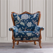 实木沙发椅美式复古藏蓝进口布艺休闲单人沙发装饰椅成都棉麻英式