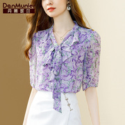 丹慕妮尔紫色优雅印花雪纺衫夏季女装气质气质百搭上衣