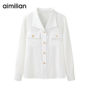 艾米恋白色西装领衬衫，女秋季ol正装上衣，免烫大翻领长袖雪纺衬衣