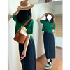 韩版复古高级感洋气简约短袖，圆领短款绿色薄款针织衫开衫上衣女夏
