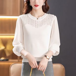 韩版蕾丝雪纺衫长袖镂空钉珠针织，上衣女小众设计感遮肚子打底衫潮