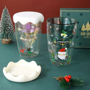 圣诞节耐热双层高硼硅玻璃杯创意学生卡通水杯子圣诞杯带盖勺