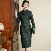 旗袍复古老上海中长款秋冬长袖气质中年妈妈装显瘦大码日常聚会绿