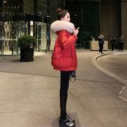 红色羽绒棉服女冬中长款时尚棉衣洋气小个子棉袄加厚韩版外套