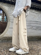 新中式国风裤子男夏季薄款高级感垂感直筒，休闲长裤男装国潮盘扣裤