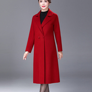 秋冬双面绒羊毛大衣女士，中长款西装领双排，扣酒红色修身绵羊毛外套