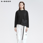 sdeer圣迪奥女装时尚圆领拼接口袋黑色长袖T恤S22180201
