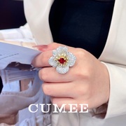 cumee.优雅大气欧美花朵系列培育合成红宝石女，款戒指.925银镀金