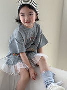 韩版儿童T恤裙2024夏款女童灰色印花短袖中长款宝宝花边连衣裙