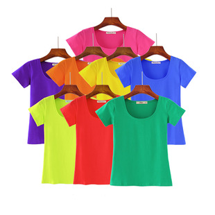炅妍莹光绿短袖t恤女广场，舞绿色运动夏装，上衣橘色u领体恤衫紫色