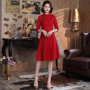 红色秋季旗袍短款小个子美女连衣裙大摆长袖蕾丝黑色显瘦简约