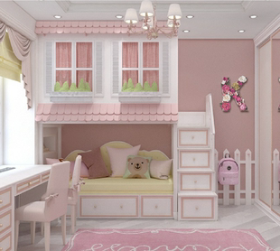 粉色实木树屋床定制双层公主，床上下姐妹床创意儿童，房高低床城堡床
