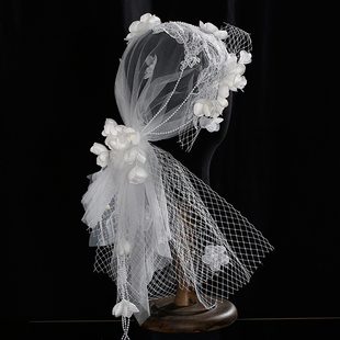 新娘结婚造型头纱帽纱白色，花朵婚礼头花影楼，写真礼服头饰拍照配饰