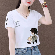 白色短款v领t恤女2024夏季韩版矮个子，高腰短袖体恤ins上衣潮