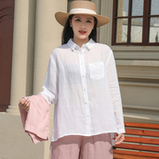 春装女款2024年夏装，白色中年宽松长袖棉麻上衣，苎麻衬衫衬衣