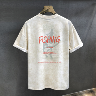 鲨鱼垂钓者高品质轧染水印重磅短袖T恤男士夏季美式复古半袖体恤