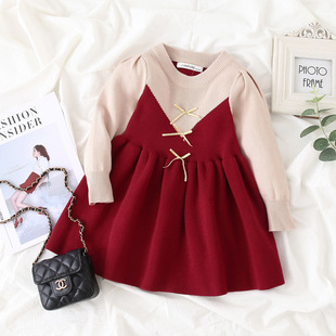 韩版女童纯棉酒红色小香风假两件毛衣裙冬季连衣裙公主婴儿周岁裙