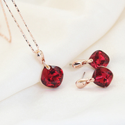 威妮华时尚轻奢耳环项链组合套装法式风玫瑰金菱形红色水晶锁骨链