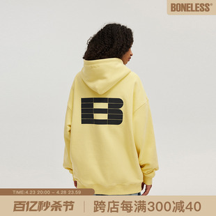 boneless前后b字母厚板，印花基础连帽卫衣美式高街男女帽衫外套春