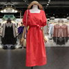 2022夏装方形领棉麻西瓜，红灯笼袖系带长款连衣裙复古单排扣裙