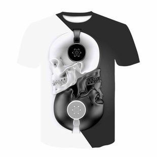 炫酷黑白骷髅带耳机短袖宽松大码3D印花图案T恤休闲上衣个性衣服