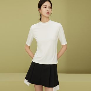 五分袖t恤女韩版半高领，上衣内搭夏季白色，简约半袖宽松打底衫