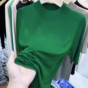 秋冬针织衫女装内搭中袖绿色上衣毛衣修身T恤五分袖打底衫潮