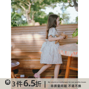 史豌豆(史豌豆)女童，可爱小翻领收腰复古短袖，连衣裙2023夏季儿童公主裙