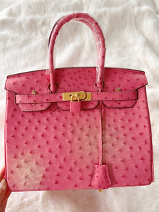 NEW美物高端 超美粉色天然奢华鸵鸟皮手提包女包中号铂金