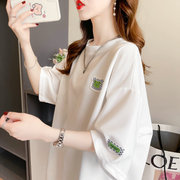华夫格t恤女短袖夏季韩版宽松大码女装设计感小众中长款半袖上衣