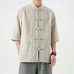 中国风轻薄透气中华立领亚麻衬衫男短袖新中式唐装复古风棉麻衬衣