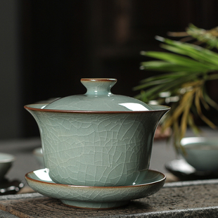 青瓷三才盖碗茶杯大号，家用复古泡茶功夫，茶具龙泉哥窑冰裂陶瓷单个