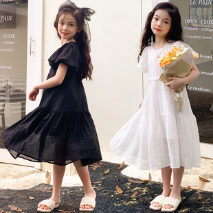 2024夏季女童白色，文艺连衣裙童装短袖黑色，清晰裙子中大儿童