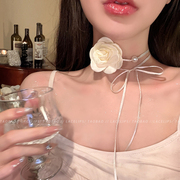 浪漫白玫瑰~法式超仙系带项链，珍珠绑带choker长款颈链锁骨链配饰