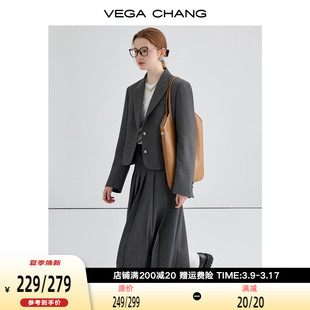 VEGA CHANG时尚套装女2024年春季通勤风垫肩短西装半裙两件套