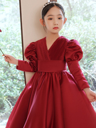 公主裙女童高端红色长袖礼服生日花童婚礼儿童主持钢琴演奏演出服