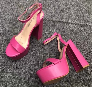 一字带粗跟凉鞋粉红色超高跟14cm夜场性感欧美风，防水台简约时尚