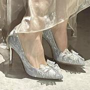 2024法式香槟色银色水晶鞋水钻蝴蝶结尖头高跟鞋女细跟单鞋女