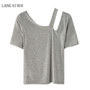 露肩短袖T恤女2023夏季韩版斜肩设计感时尚修身经典灰色上衣
