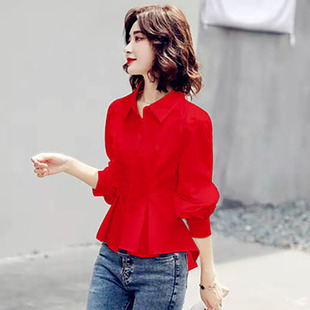 衬衫女前短后长上衣日系少女士减龄洋气，红色小衫褂收腰遮肚雪纺衫