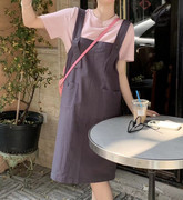 韩国23夏纯色(夏纯色)短袖，t+大口袋，吊带裙韩版休闲两件套背带裙连衣裙