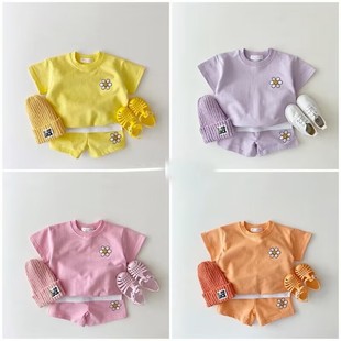 韩版ins夏装婴儿宝宝糖果，色清爽短袖套装，男女童卫衣短裤两件套薄