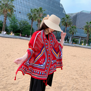 民族风夏季防晒沙漠旅游披肩海边沙滩丝巾薄款度假围巾披肩红色女