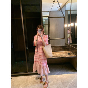 PINK DAISY2024春夏女装法式粉色网纱鱼尾裙甜美T恤裙连衣裙