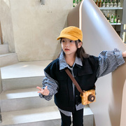 春秋童装女童假两件外套修身韩版洋气儿童格子款式宽松版上衣