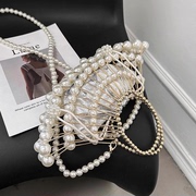 手工编织扇形贝壳包女2023镂空手提晚宴包珍珠链条单肩斜挎包