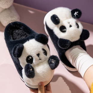 可爱熊猫棉拖鞋女冬季2024室内家居月子毛绒保暖厚底防滑拖鞋